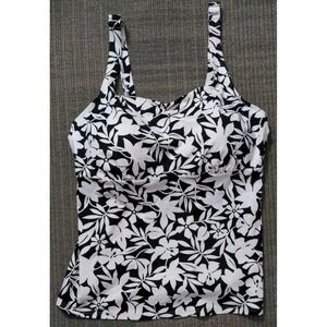 Lands' End Women's Size 12 Mast Tankini Top Black White Floral Adjustable Strap